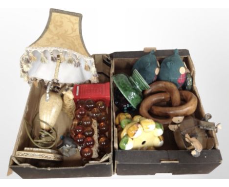 A group of contemporary decorative items including lamp base, Portuguese pottery bowl, glass ware, wooden carving, telephone 