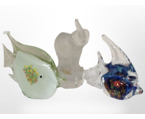 A Murano aquarium glass angelfish ornament, with two goldfish inclusions, another Murano angelfish, and a Goebel frosted elep