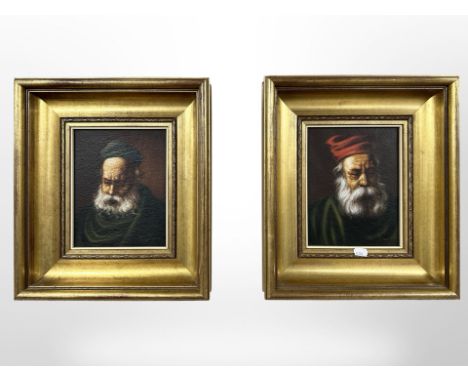 Continental school : Portrait of a bearded man wearing a red hat, oil on canvas, 17cm x 22cm, indistinctly signed, together w