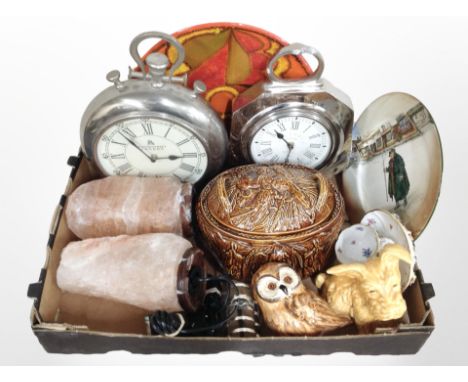 A group of plated wares, contemporary clocks in the form of pocket watches, pottery game tureen and other ceramics, two salt 