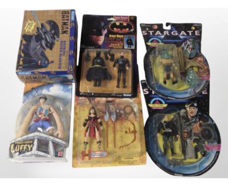 Six Mattel, Toybiz and other figurines including Hercules, Stargate, Batman, etc., boxed