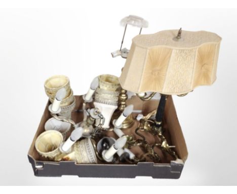 A group of 20th-century continental brass wall lights, table lamp, pendant light fitting, etc. (1 box)