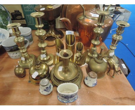 A selection of brass wares including candle stick pair and hotel bell 