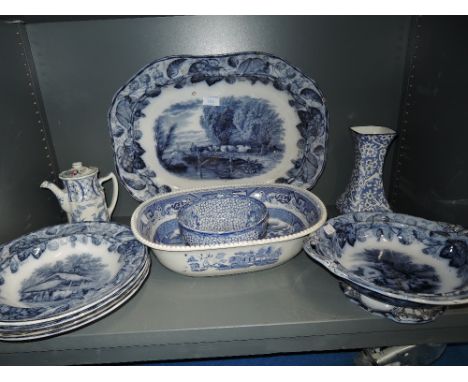 A selection of blue and white wears including early Copeland Spode including Duncan cattle crossing bridge charger and farm s