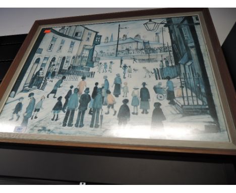 A print after J S Lowry of mill town street scene