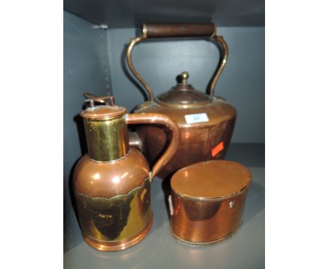 A selection of copper and brass wares including lidded style caddy and large kettle