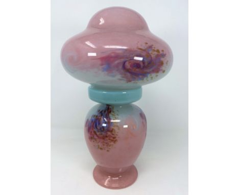 A mid 20th century Art Nouveau style table lamp of baluster form, mottled pink glass with mushroom shade, by Monart with orig