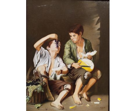 K Kroll:  Boys eating fruit, after Murillo, oil on board, signed, 39 x 29 cm, framed 