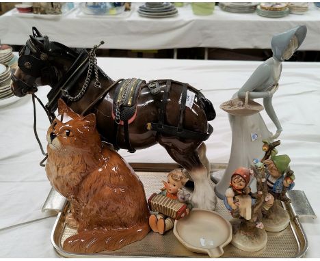 Three Hummel figures of children; a Beswick cat; a Lladro style figure; a shire horse 