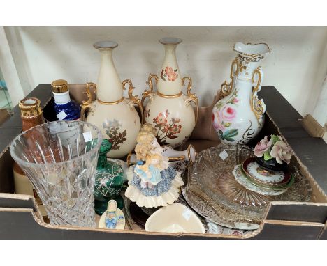 A selection of decorative china:  2 Wade Bell's Whisky decanters; a pair of Royal Worcester style vases; glassware; etc. 