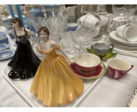 Two Royal Doulton figures:  Elizabeth HN 4426 &amp; Amelia HN 4327; an oriental style table lamp; a candle/lamp; glassware 