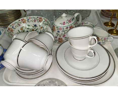 A Royal Worcester "Silver Jubilee" tea service in silver and white, 19 pieces; a Minton Haddon Hall 3 piece tea set and bowl 