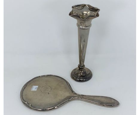 A hallmarked silver trumpet shaped specimen vase on weighted base, Sheffield 1917; a hallmarked silver engine turned hand mir