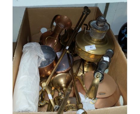 A brass oil lamp; a brass companion set; copper pans; etc. 