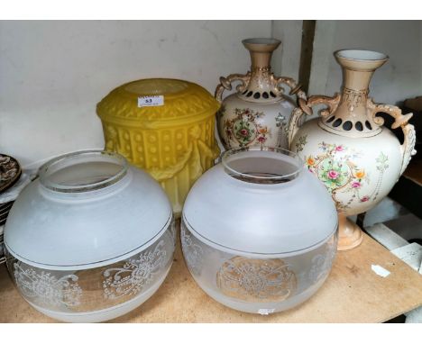 A pair of Edwardian vases;  three glass light shades &amp; a chandelier fitting. 