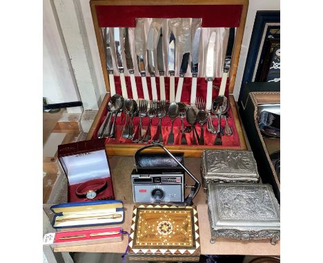 A 'Yard O' Lead' gold plated propelling pencil, a selection of watches, a vintage Kodak Camera, a canteen of chrome plated cu