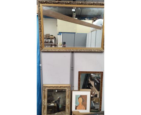 A wall mirror in rectangular gilt frame; a textured print: 18th century interior, gilt framed; other pictures and prints; a t