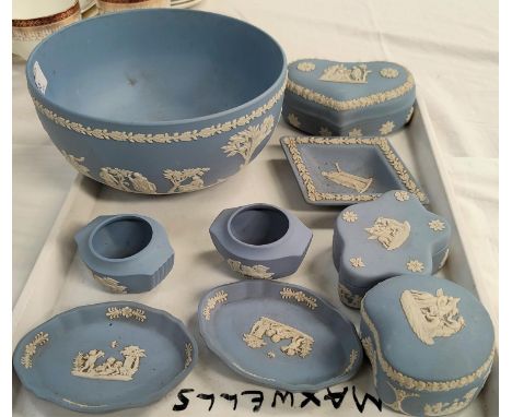 A Wedgewood Jasperware powder blue bowl diameterand a selection of Wedgewood Jasperware trinket ware 
