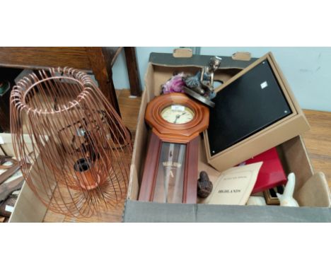 A reproduction wall clock with drop dial; a lacquer clock; a wirework light fitting; a bronzed ballerina; decorative items 