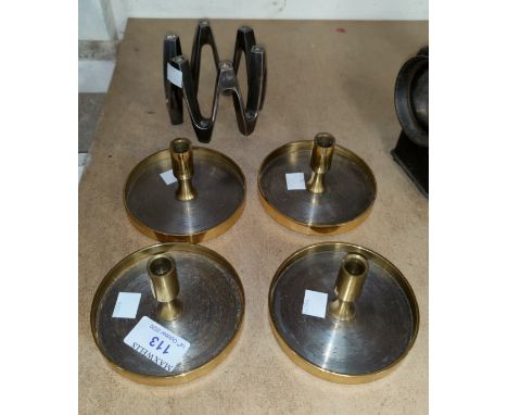 Two Danish pewter mugs, other 1970's metalware; a set of 4 brass and steel taperstitch candleholders, Danish Designs Denmark,