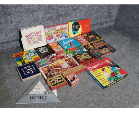 Box containing vintage and newer games such as strike  Chinese checkers mah Jong Plato etc