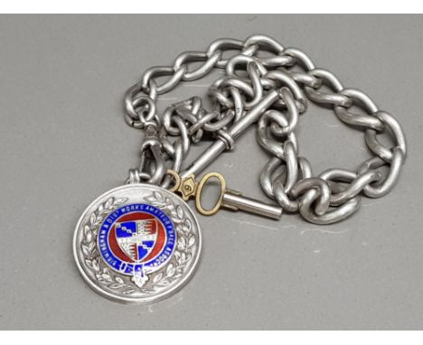 Silver albert watch chain, Birmingham,  and a silver and enamel FC pendant 87.6g gross