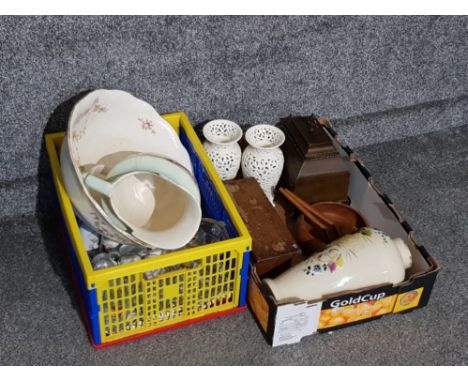 Crate containing pair of Leeds style reticulated vases wooden cigarette dispenser Victorian hand painted milk glass vase etc 