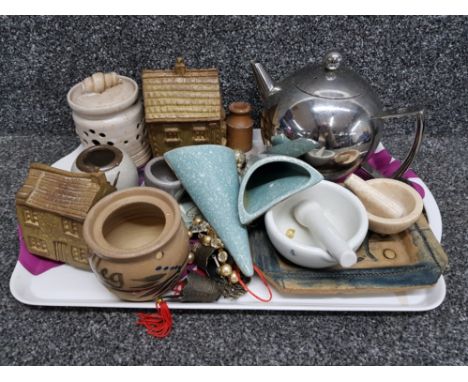 Tray lot of studio pottery and metalware including shelf pottery charmouth and two pestle and morters