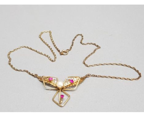 Rolled gold cultured pearl and ruby pendant necklet