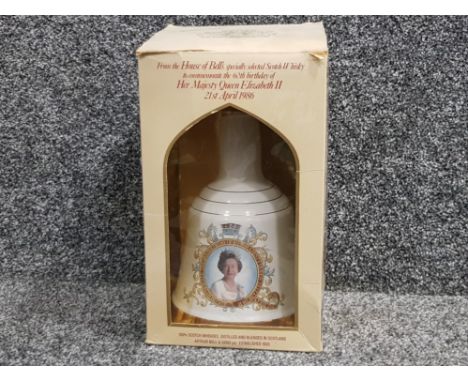 Commemorative bells scotch whisky decanter celebrating the 60th birthday of her Majesty Queen Elizabeth II, 21st April 1986, 