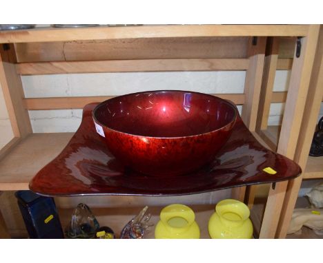 Large glass red bowl and red glass platter