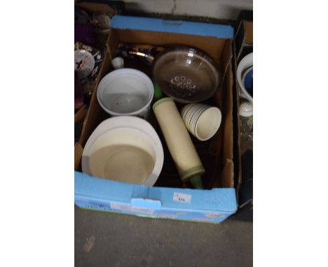 Mixed box of kitchen wares to include Studio Pottery, chamber pot, rolling pin, mixing bowls, vases etc