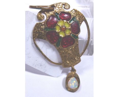 925 silver gilt pendant with enamel red rose centre and opal drop