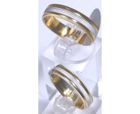 9 ct yellow and white gold ladies and gents wedding band set, RRP £480, sizes R & X