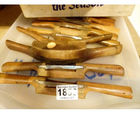 Tray and box of vintage wood working spoke shaves and planes