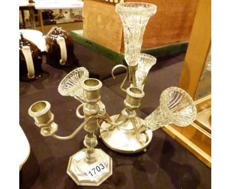 Plated candlestick and a silver plate and glass table centre epergne