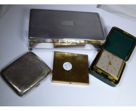 Plated cigarette box and cigarette case plus a powder case and novelty travel clock 