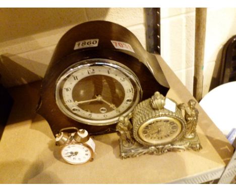 Westminster chime mantle clock with key and pendulum and two other clocks 