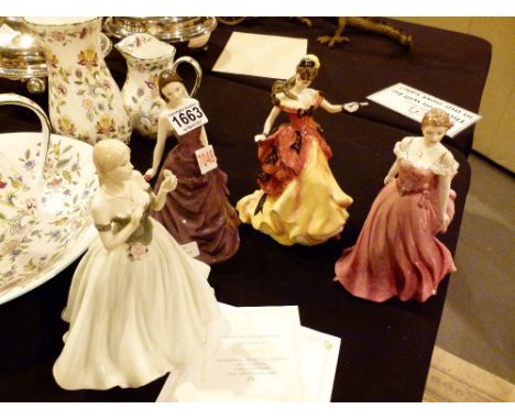 Four figurines, Royal Doulton bell and three Royal Worcester summer ball, Keepsafe and Be mine, all with certificates 