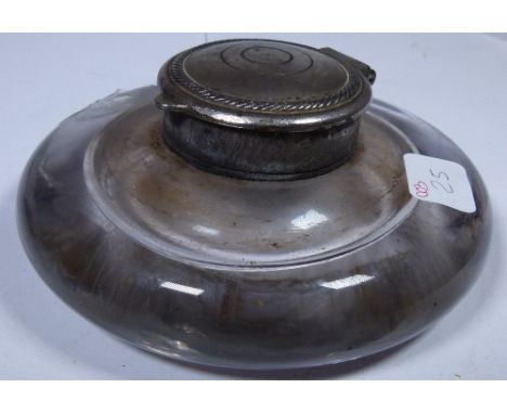 White metal topped circular glass inkwell 