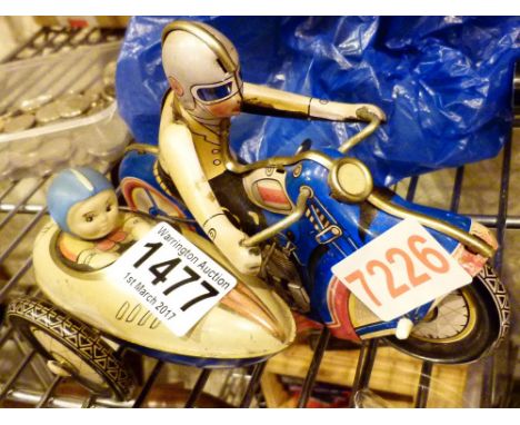 Vintage tinplate motorcycle and sidecar toy
