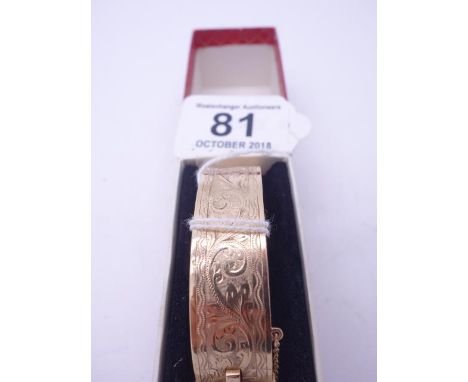 9ct GOLD Ladies bangle -bracelet 21 grams, engraved decoration makers H G &amp; S, c1900, with a 9ct GOLD safety chain, in or