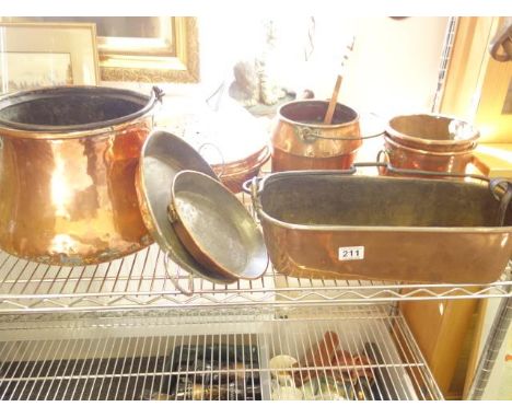Copper 19 th century  Fish Kettle, a large copper and wrought iron handled Cauldron, c1850's, 2 x other brass cauldrons one w