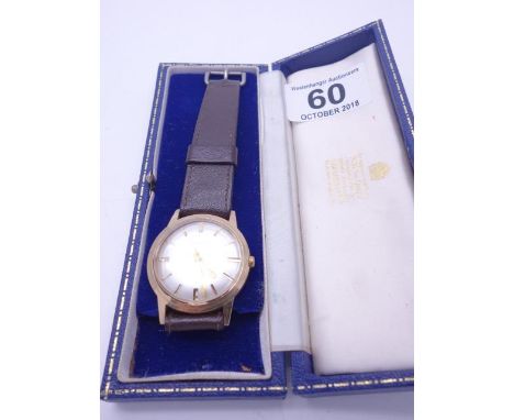 Gents 9ct GOLD vintage Garrard watch, with original box, previous owner presentation engraving to back, c1960's model 77388 m