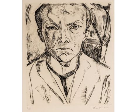MAX BECKMANN (1884 Leipzig - 1950 New York City) Selbstbildnis nach vorn, im Hintergrund HausgiebelKaltnadel auf Japan. 1918.