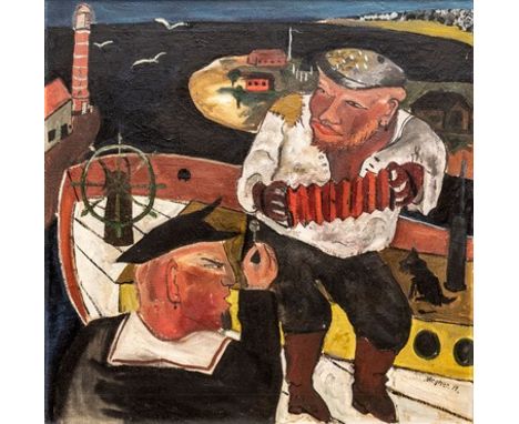 ERICH WEGNER (1899 Gnoien – 1980 Hannover) Skipper in WarnemündeÖl auf Leinwand. 1922.56,5 x 56,5 cm.Unten rechts mit Pinsel 