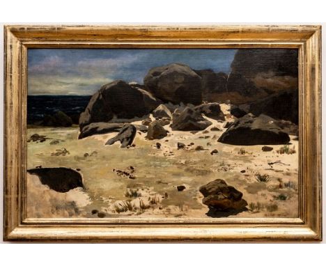 EUGEN BRACHT (1842 Morges/Schweiz - 1921 Darmstadt) "Felsen im Sand am Meer"Öl auf Leinwand ganzflächig auf Karton kaschiert.