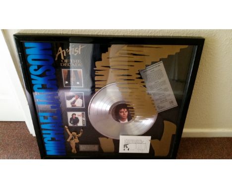 POP MUSIC, Michael Jackson presentation piece, Artist of the Decade, inc., signed card (with dancing silhouette), platinun re