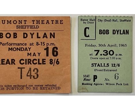 Two Bob Dylan ticket stubs to include: for the first UK tour, Sheffield City Hall Friday 30th April 1965, Sheffield Gaumont T