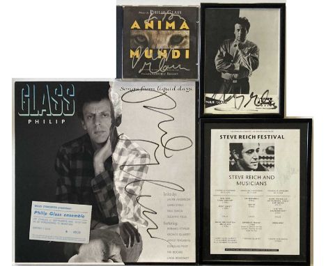 Signed memorabilia to include: Anima Mundi CD, 'Song From Liquid Days' LP, a promotional photograph all signed by Philip Glas